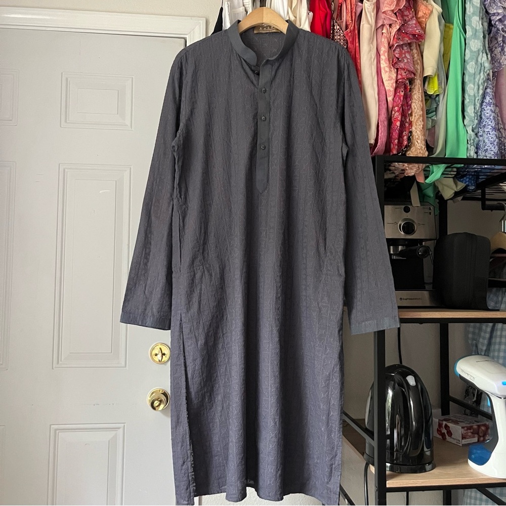 KALKI grey embroidered mandarin collar long sleeve‎ tunic shirt midi dress